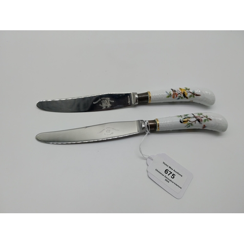 675 - Pair of 20th C. Unmarked Meissen Raadvad Knivfabriker Rustfri knives, the porcelain handles decorate... 