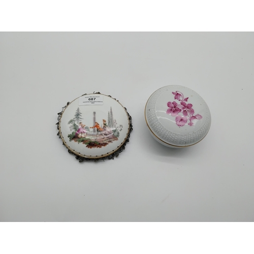 687 - Pink and white ceramic lidded dish decorated with flowers {6 cm H x 10 cm Dia.} and ceramic pin cush... 