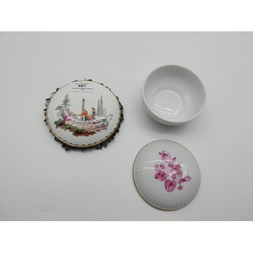 687 - Pink and white ceramic lidded dish decorated with flowers {6 cm H x 10 cm Dia.} and ceramic pin cush... 