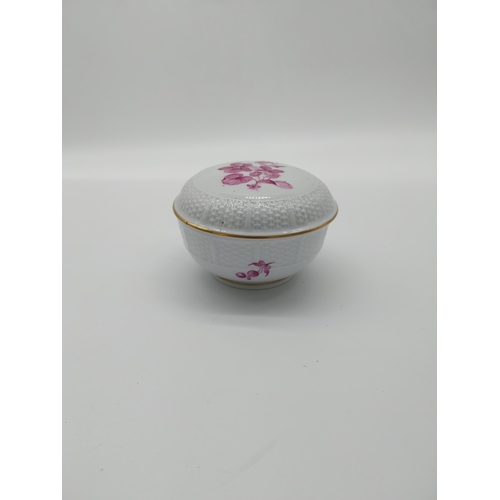 687 - Pink and white ceramic lidded dish decorated with flowers {6 cm H x 10 cm Dia.} and ceramic pin cush... 