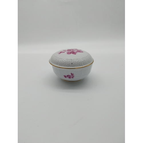 687 - Pink and white ceramic lidded dish decorated with flowers {6 cm H x 10 cm Dia.} and ceramic pin cush... 