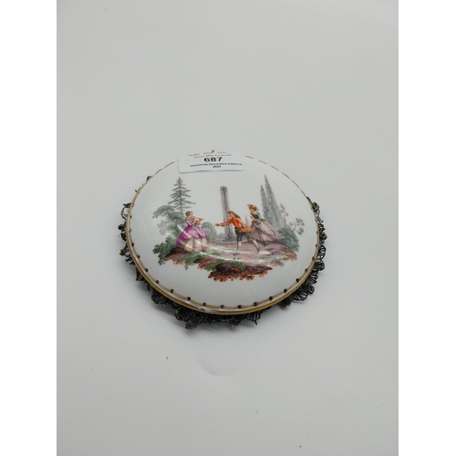 687 - Pink and white ceramic lidded dish decorated with flowers {6 cm H x 10 cm Dia.} and ceramic pin cush... 