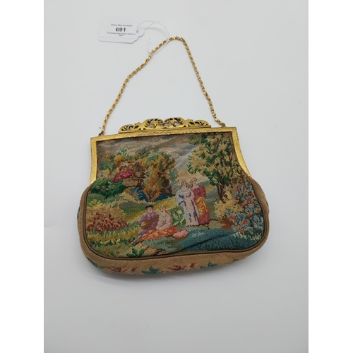 691 - J B and Co Vienna hand worked tapestry Ladies purse with gilt handle. {14 cm H x 15 cm W}.