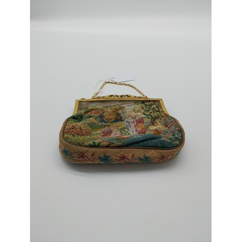 691 - J B and Co Vienna hand worked tapestry Ladies purse with gilt handle. {14 cm H x 15 cm W}.