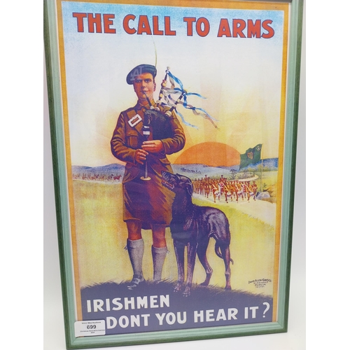 699 - Call to Arms Irish Men Don�t You Hear It framed coloured recruitment poster. {43 cm H x 23 cm W}.