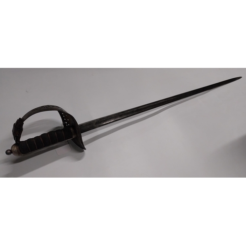 701 - George V Officer�s sword with basket hilt and leather scabbard. {104 cm L}.