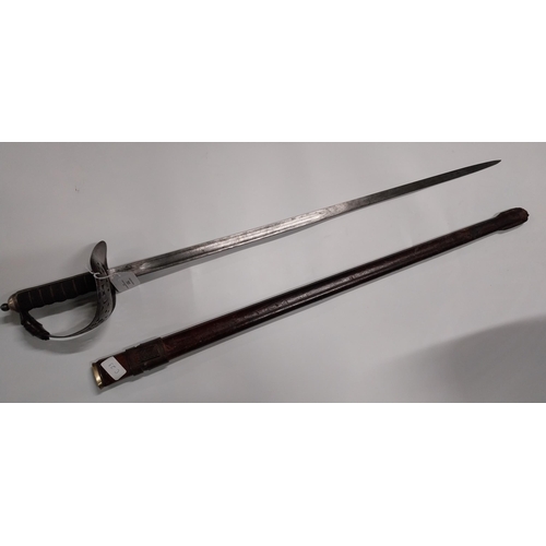 701 - George V Officer�s sword with basket hilt and leather scabbard. {104 cm L}.