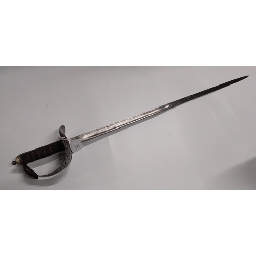 701 - George V Officer�s sword with basket hilt and leather scabbard. {104 cm L}.