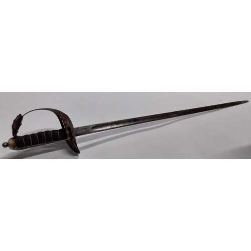 701 - George V Officer�s sword with basket hilt and leather scabbard. {104 cm L}.