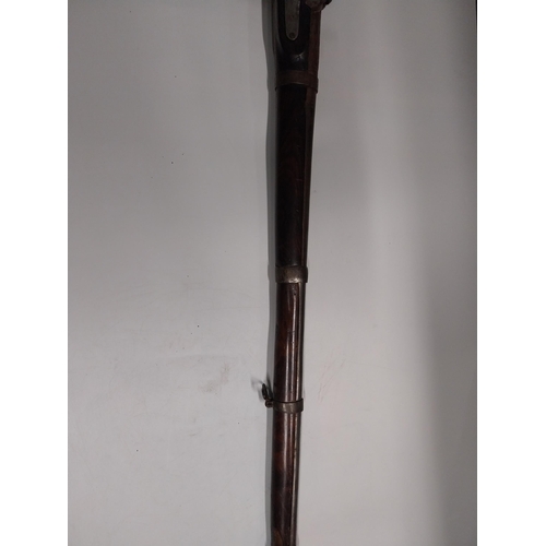 718 - 19th. C. Single barrelled percussion cap rifle with walnut stock. { 130cm L }.