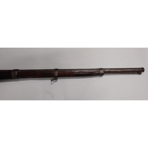 718 - 19th. C. Single barrelled percussion cap rifle with walnut stock. { 130cm L }.