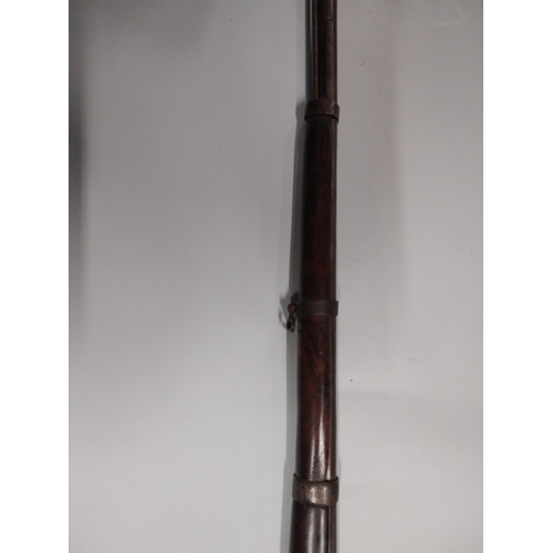 718 - 19th. C. Single barrelled percussion cap rifle with walnut stock. { 130cm L }.