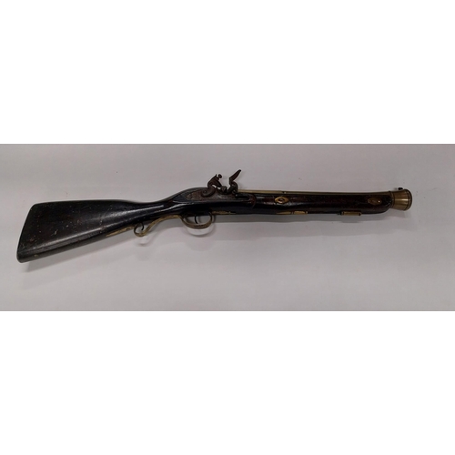 720A - 19th C brass barrelled flintlock blunder bus stamped A - N 1443. {74 cm L x 12 cm H}.