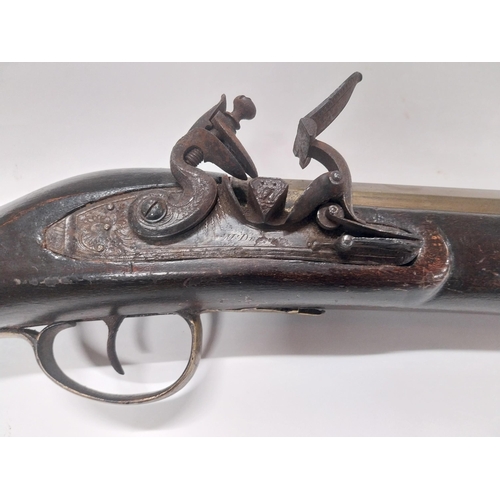 720A - 19th C brass barrelled flintlock blunder bus stamped A - N 1443. {74 cm L x 12 cm H}.