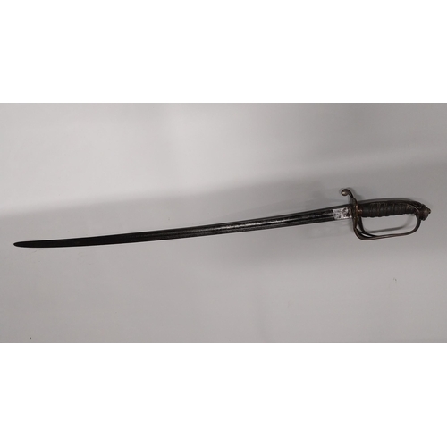 730 - V R Officer�s sword with floral decoration on blade with basket hilt in scabbard.