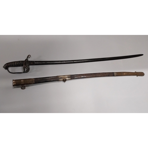 730 - V R Officer�s sword with floral decoration on blade with basket hilt in scabbard.