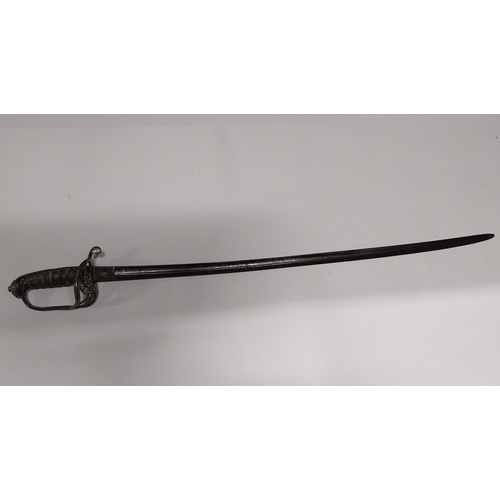 730 - V R Officer�s sword with floral decoration on blade with basket hilt in scabbard.