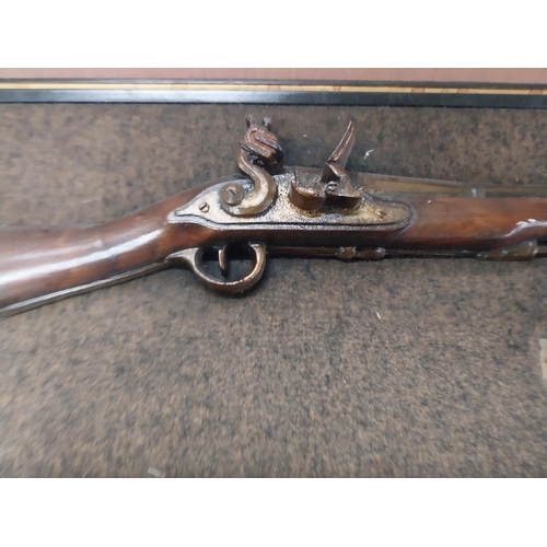 730A - Model of 1777 Flintlock Blunderbuss mounted on wooden frame. {38 cm H x 92 cm W}.