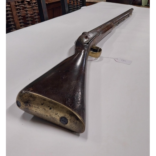 733 - 19th C. percussion capped fowling gun with extra ram rod rings. {149 cm L}.