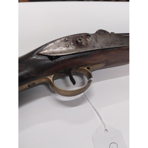 733 - 19th C. percussion capped fowling gun with extra ram rod rings. {149 cm L}.