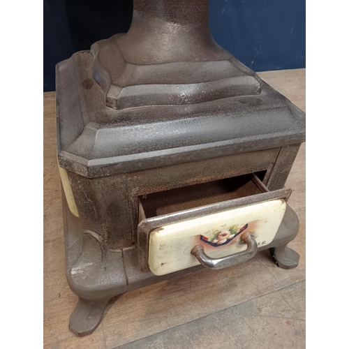 76 - French cast iron enamel stove {H 100cm x W 72cm x D 115cm}. NOT AVAILABLE TO VIEW IN PERSON.