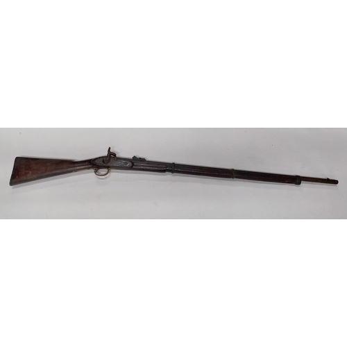 762 - 19th C. percussion capped military long barrelled rifle. {149 cm L}.