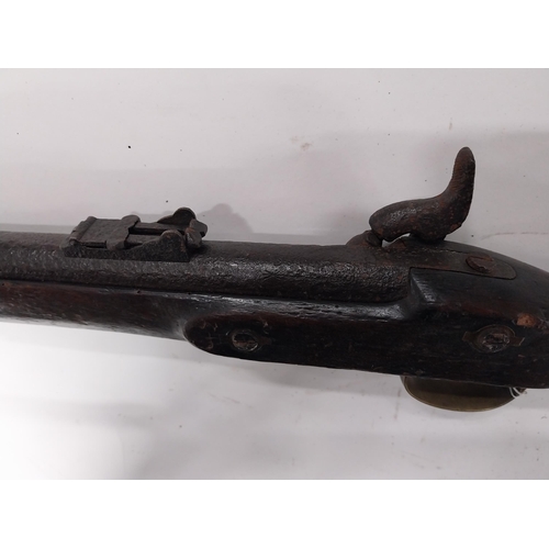 762 - 19th C. percussion capped military long barrelled rifle. {149 cm L}.