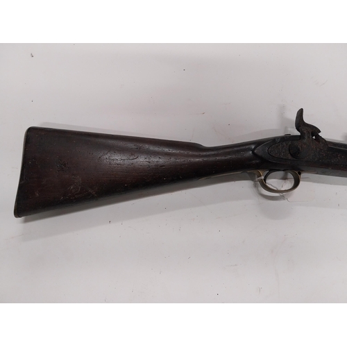 762 - 19th C. percussion capped military long barrelled rifle. {149 cm L}.