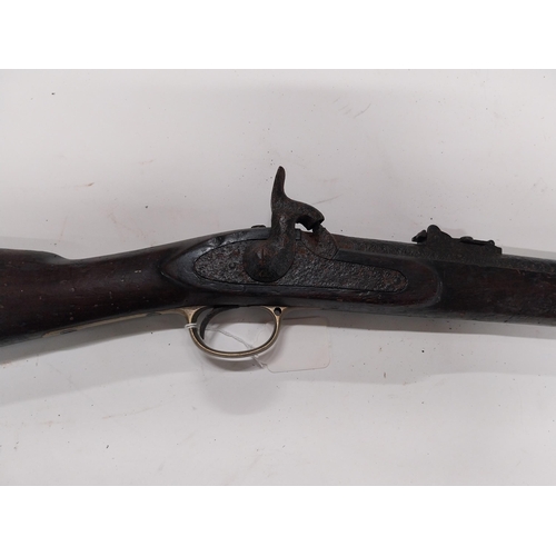 762 - 19th C. percussion capped military long barrelled rifle. {149 cm L}.