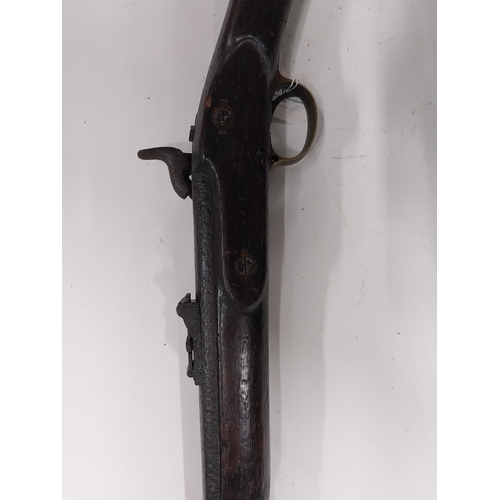 762 - 19th C. percussion capped military long barrelled rifle. {149 cm L}.