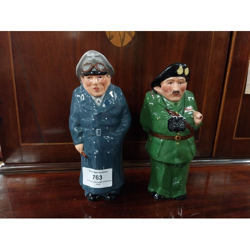 763 - Two Staffordshire ceramic collectible Toby Jug figures of Rommel and Montgomery. {13 cm H x 5 cm W x... 