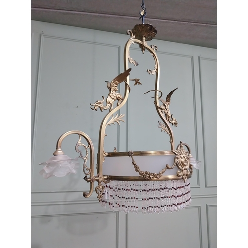 79 - 19th C. French gilded brass hanging chandelier decorated with dragons with frosted shades. {78 cm H ... 