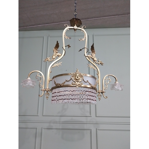 79 - 19th C. French gilded brass hanging chandelier decorated with dragons with frosted shades. {78 cm H ... 