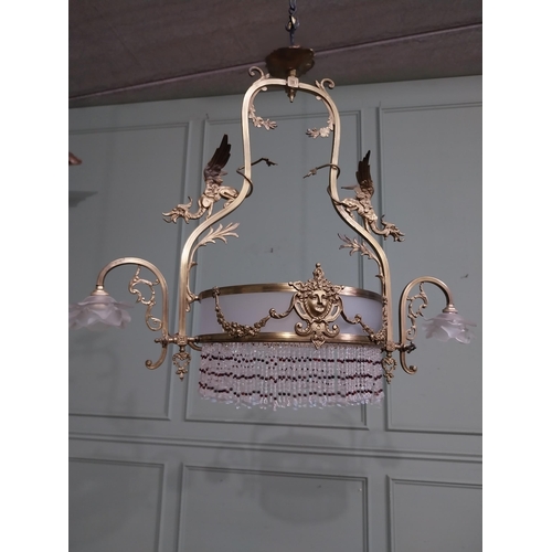 79 - 19th C. French gilded brass hanging chandelier decorated with dragons with frosted shades. {78 cm H ... 