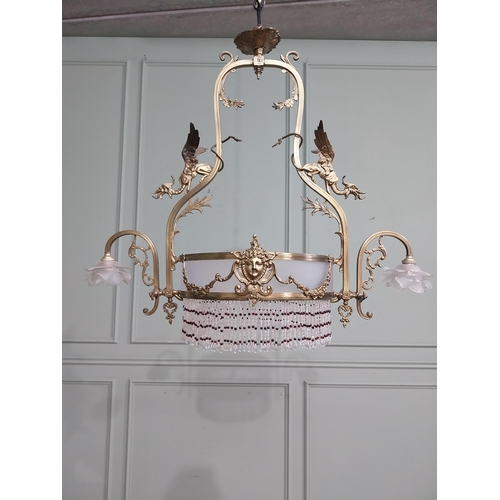 79 - 19th C. French gilded brass hanging chandelier decorated with dragons with frosted shades. {78 cm H ... 