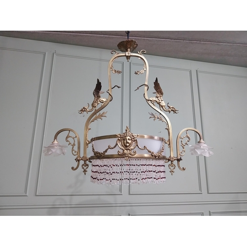 79 - 19th C. French gilded brass hanging chandelier decorated with dragons with frosted shades. {78 cm H ... 