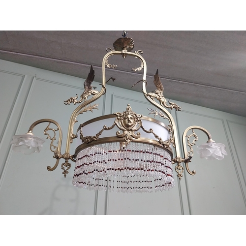 79 - 19th C. French gilded brass hanging chandelier decorated with dragons with frosted shades. {78 cm H ... 