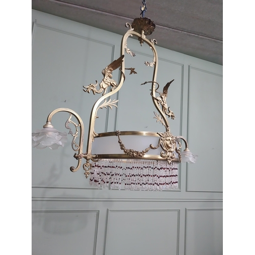 79 - 19th C. French gilded brass hanging chandelier decorated with dragons with frosted shades. {78 cm H ... 