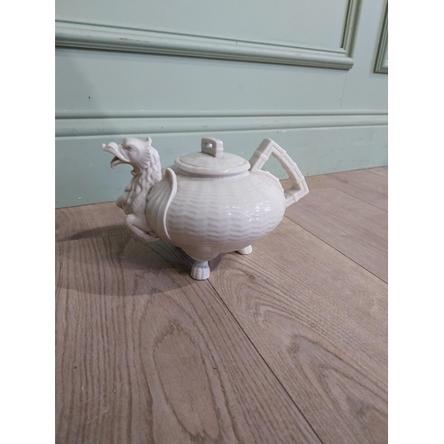 81 - Unstamped Belleek ceramic teapot with Dragon spout. {16 cm H x 23 cm W x 15 cm D}.