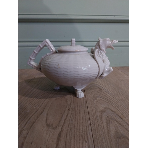 81 - Unstamped Belleek ceramic teapot with Dragon spout. {16 cm H x 23 cm W x 15 cm D}.