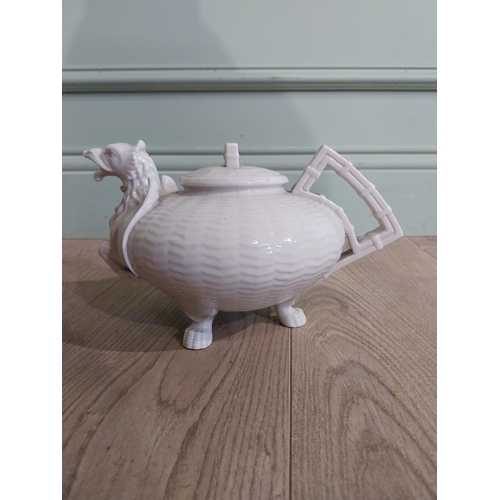 81 - Unstamped Belleek ceramic teapot with Dragon spout. {16 cm H x 23 cm W x 15 cm D}.