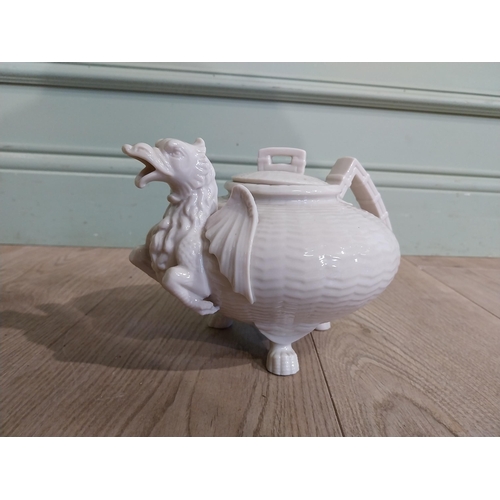 81 - Unstamped Belleek ceramic teapot with Dragon spout. {16 cm H x 23 cm W x 15 cm D}.