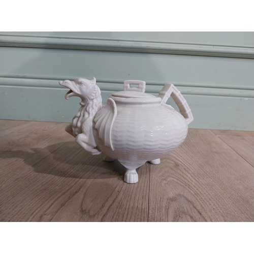 81 - Unstamped Belleek ceramic teapot with Dragon spout. {16 cm H x 23 cm W x 15 cm D}.