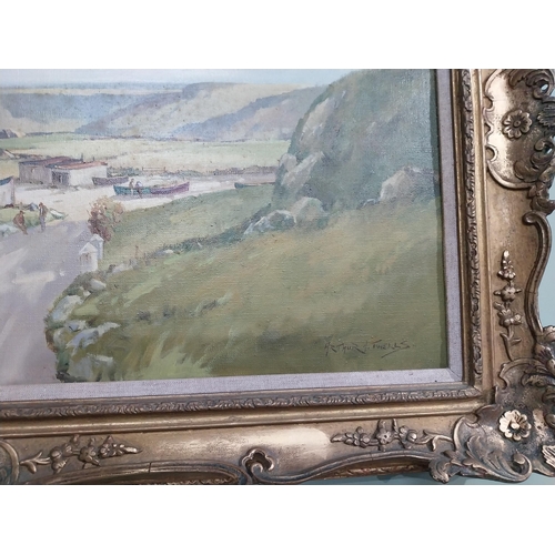 82 - Arthur Twells Dunsevrick Harbour Oil on Canvas mounted in gilt frame. {54 cm H x 90 cm W}.