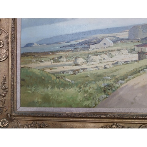 82 - Arthur Twells Dunsevrick Harbour Oil on Canvas mounted in gilt frame. {54 cm H x 90 cm W}.