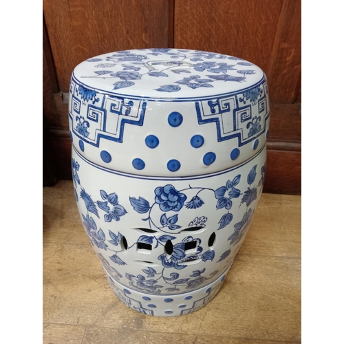 820 - Pair of ceramic oriental garden stools. {H 44cm x Dia 30cm}. NOT AVAILABLE TO VIEW IN PERSON.