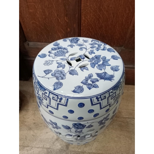 820 - Pair of ceramic oriental garden stools. {H 44cm x Dia 30cm}. NOT AVAILABLE TO VIEW IN PERSON.