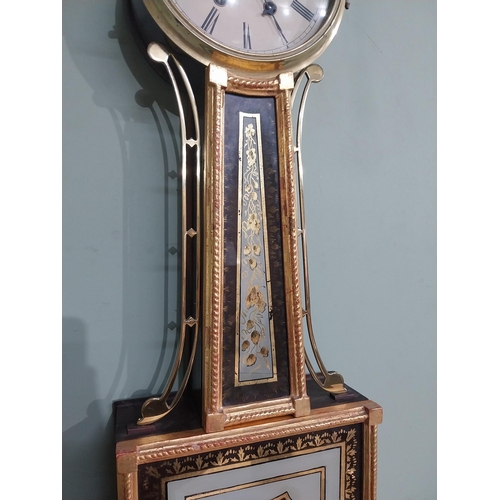 83 - Edwardian French gilded mahogany wall clock with painted dial. {106 cm H x 26 cm W x 10 cm D}.