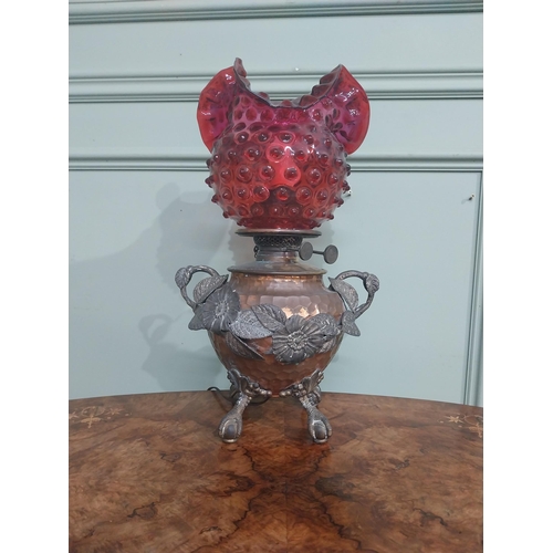 95 - Good quality copper and silver plate oil lamp with ruby glass shade. {45 cm H x 23 cm Dia.}.