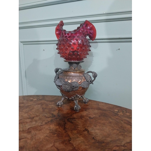 95 - Good quality copper and silver plate oil lamp with ruby glass shade. {45 cm H x 23 cm Dia.}.